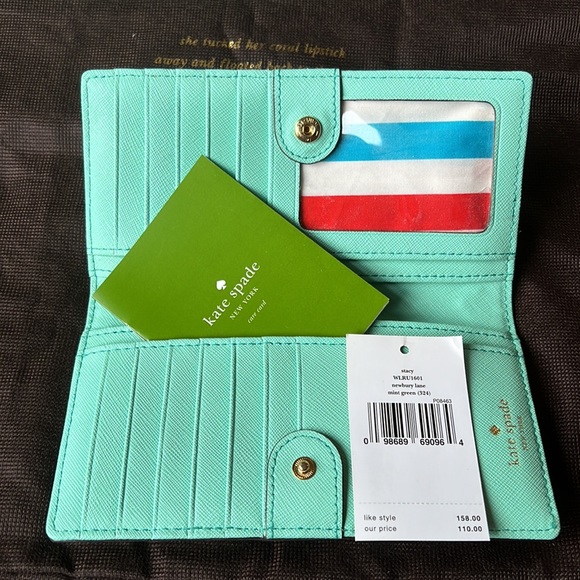NWOT Kate Spade mint tote with striped interior, matching wallet NWT - Picture 5 of 12